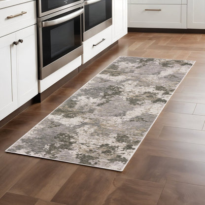 2' X 8' Grey Ivory Beige Tan Brown And Black Abstract Power Loom Stain Resistant Runner Rug
