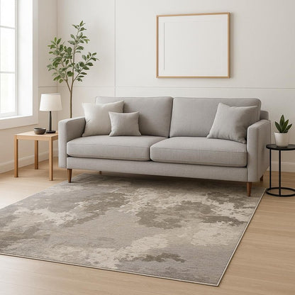 5' X 8' Grey Ivory Beige Tan Brown And Black Abstract Power Loom Stain Resistant Area Rug