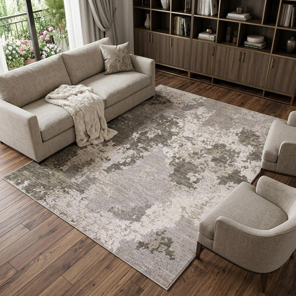 7' X 10' Gray And Ivory Abstract Distressed Area Rug