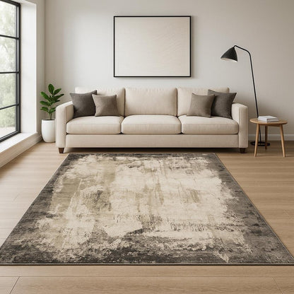 8' X 11' Grey Ivory Charcoal Tan Black And Beige Abstract Power Loom Stain Resistant Area Rug