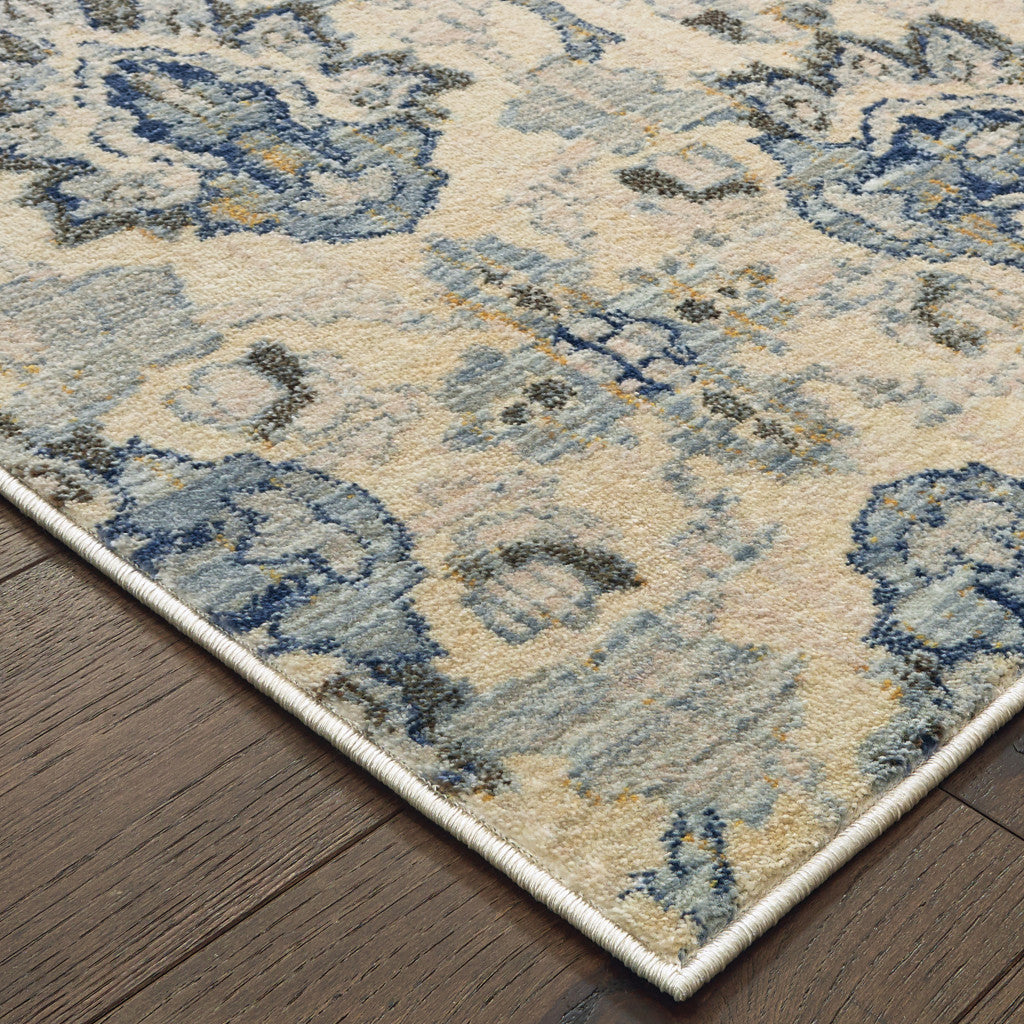 2' X 8' Ivory And Blue Floral Power Loom Stain Resistant Runner Rug