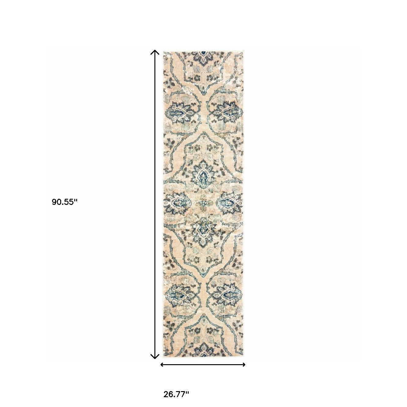 2' X 8' Ivory And Blue Floral Power Loom Stain Resistant Runner Rug