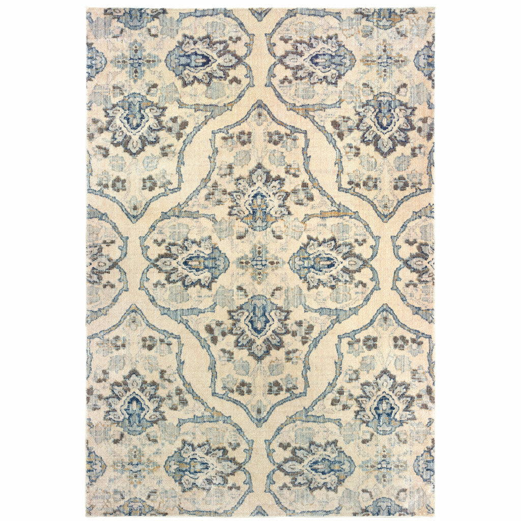 4' X 6' Ivory And Blue Floral Power Loom Stain Resistant Area Rug