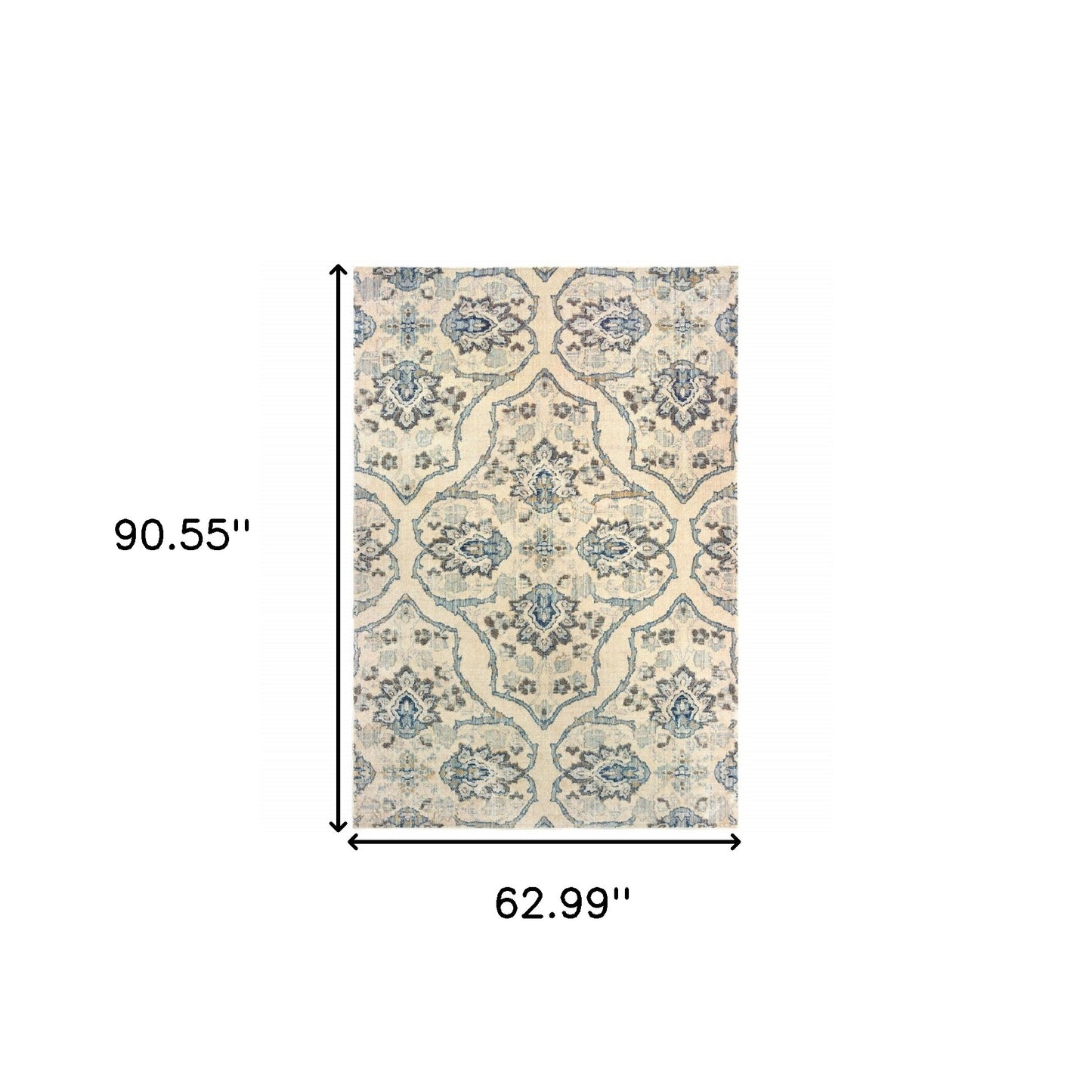 5' X 8' Ivory And Blue Floral Power Loom Stain Resistant Area Rug