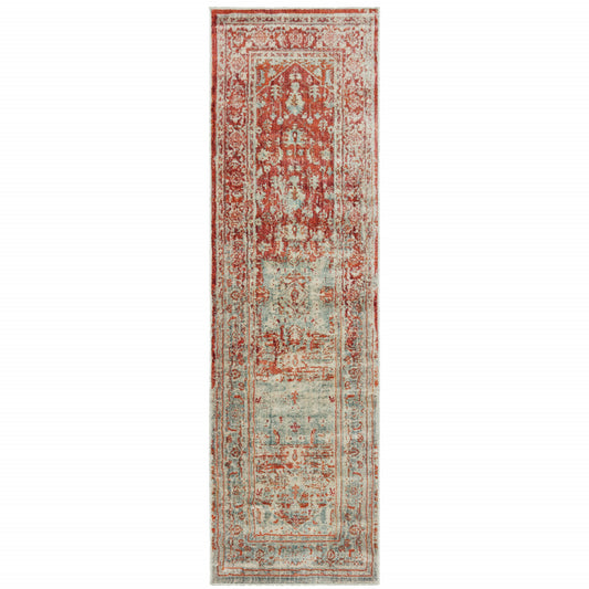 2' X 8' Grey And Orange Oriental Power Loom Stain Resistant Runner Rug