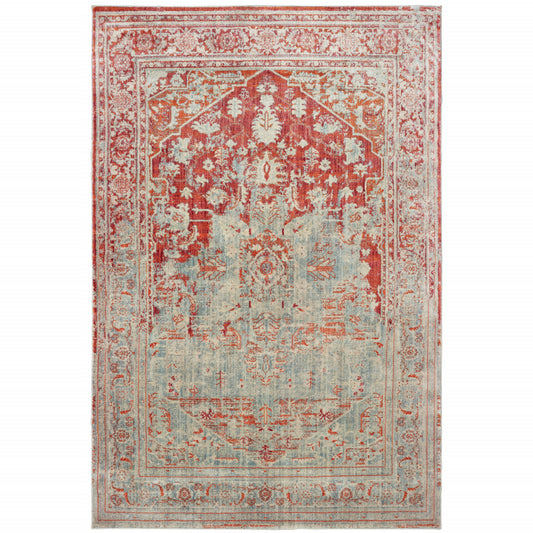 4' X 6' Grey And Orange Oriental Power Loom Stain Resistant Area Rug