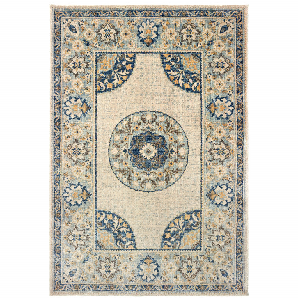 5' X 8' Ivory And Blue Oriental Power Loom Stain Resistant Area Rug