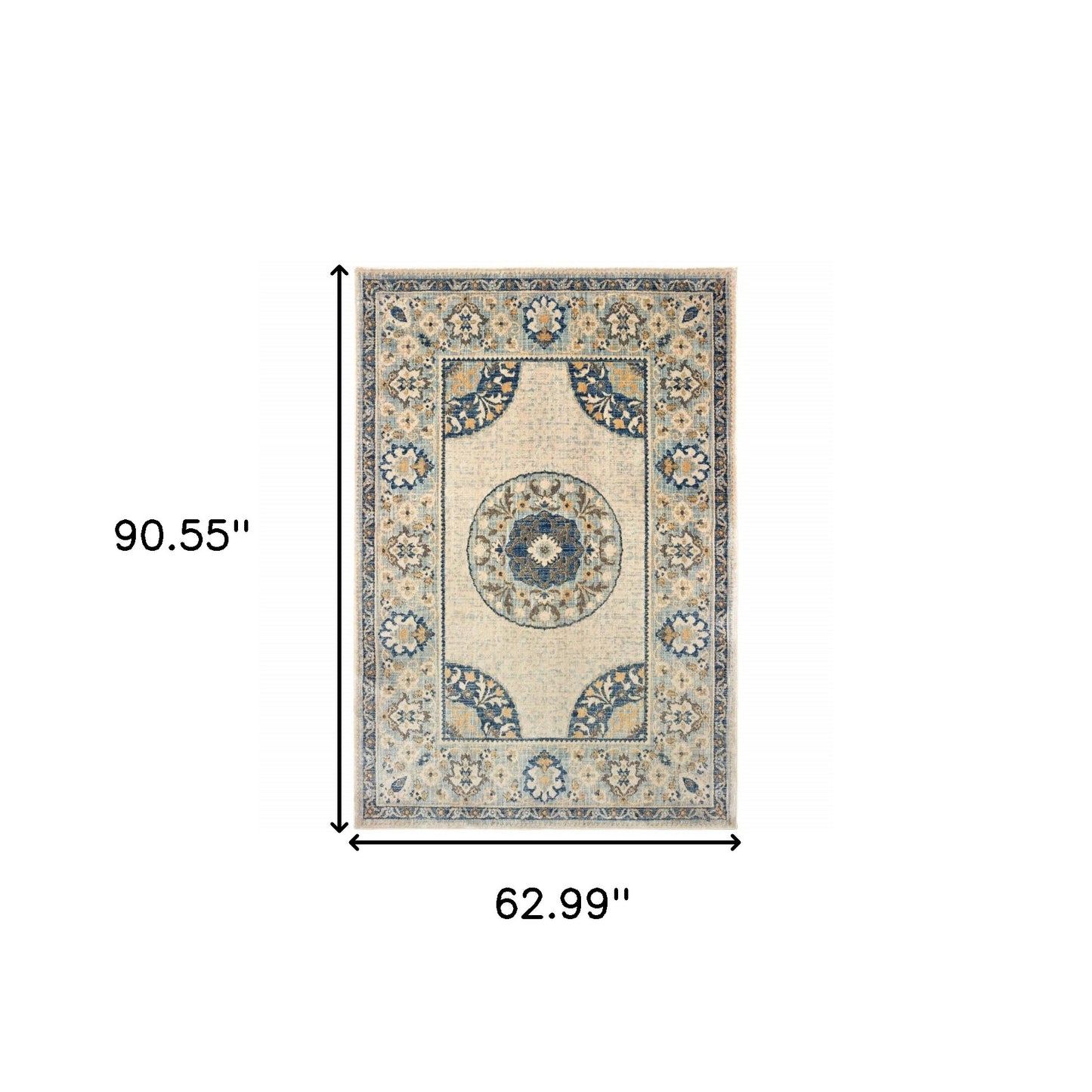 5' X 8' Ivory And Blue Oriental Power Loom Stain Resistant Area Rug