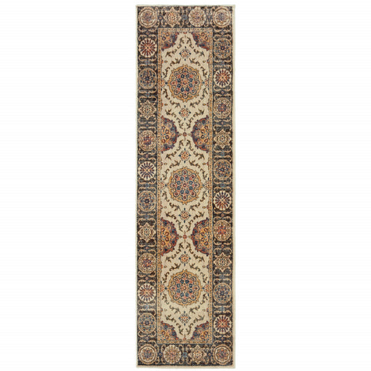 2' X 8' Ivory And Brown Oriental Power Loom Stain Resistant Runner Rug