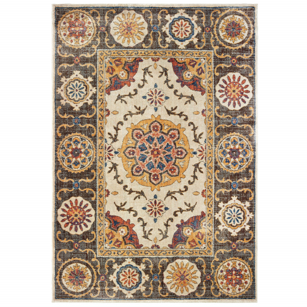 5' X 8' Ivory And Brown Oriental Power Loom Stain Resistant Area Rug