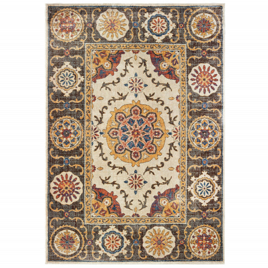 6' X 9' Ivory And Brown Oriental Power Loom Stain Resistant Area Rug