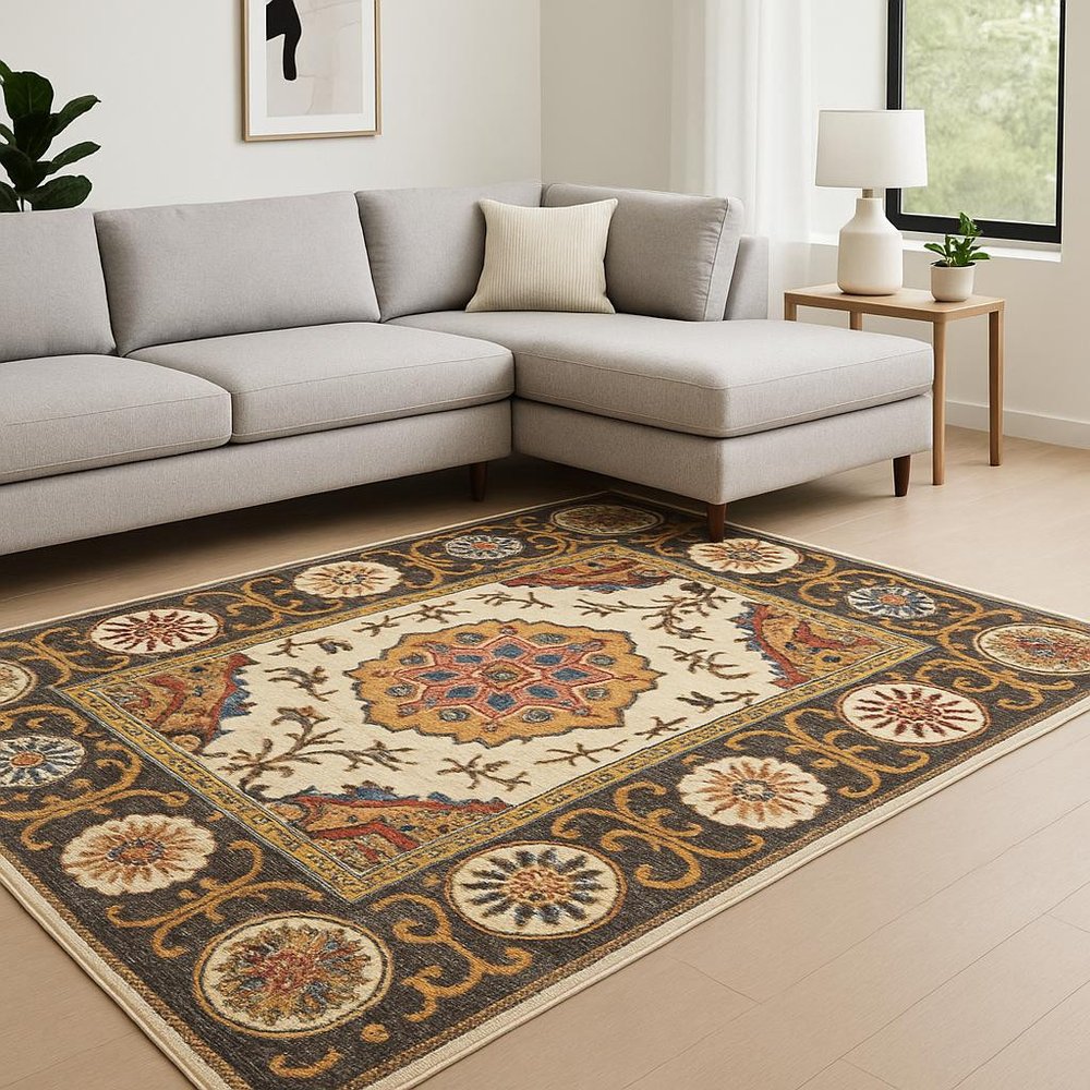 10' X 13' Ivory And Brown Oriental Power Loom Stain Resistant Area Rug
