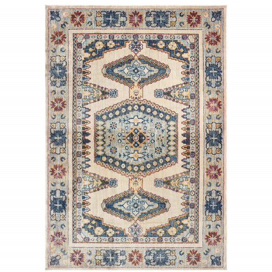 8' X 11' Ivory And Blue Oriental Power Loom Stain Resistant Area Rug