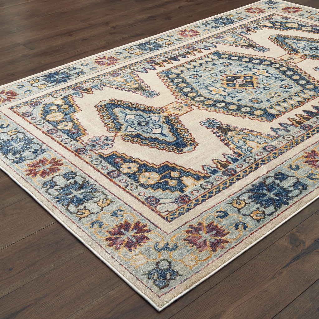 8' X 11' Ivory And Blue Oriental Power Loom Stain Resistant Area Rug