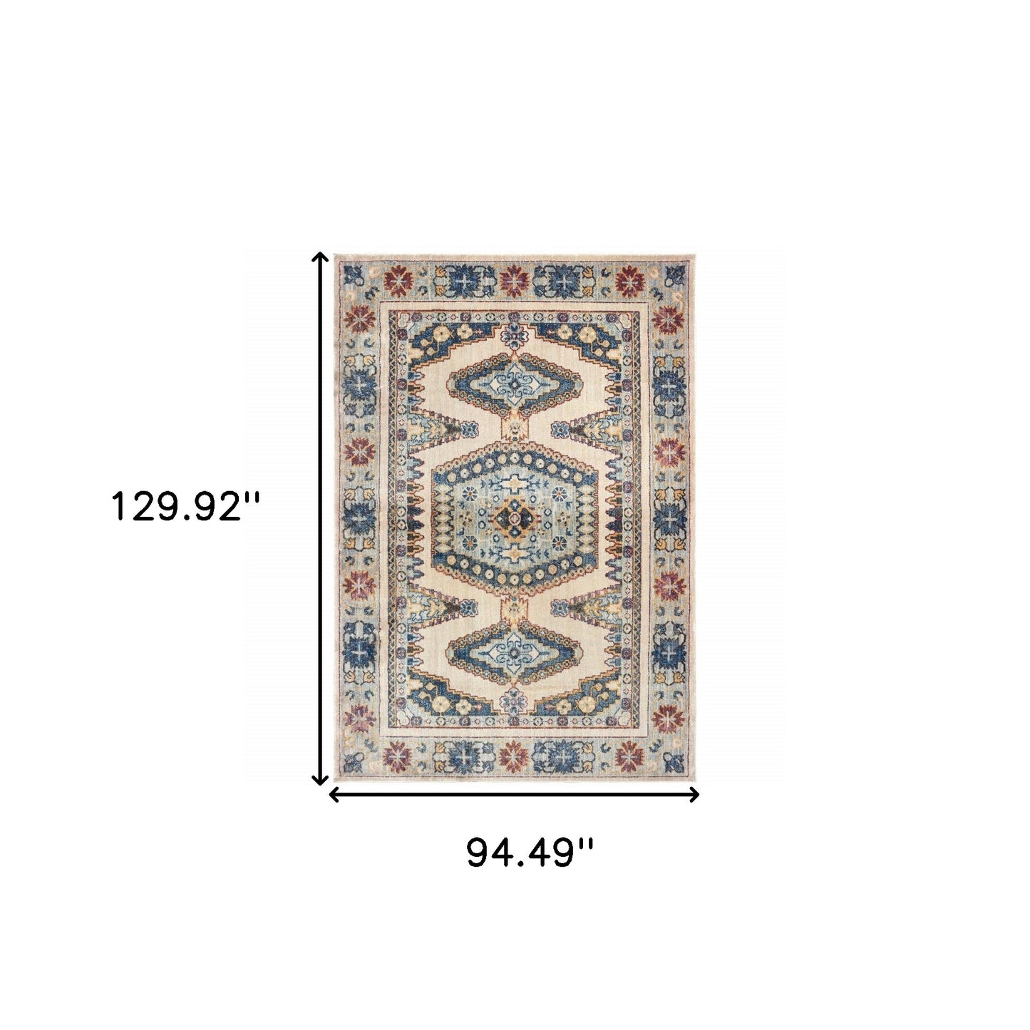 8' X 11' Ivory And Blue Oriental Power Loom Stain Resistant Area Rug