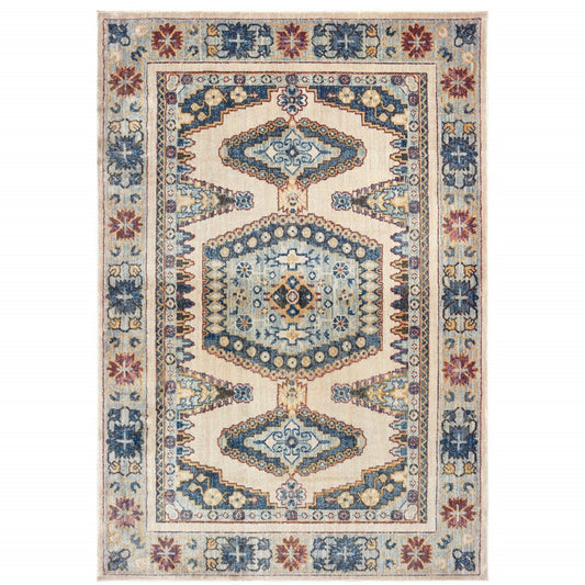 10' X 13' Ivory And Blue Oriental Power Loom Stain Resistant Area Rug