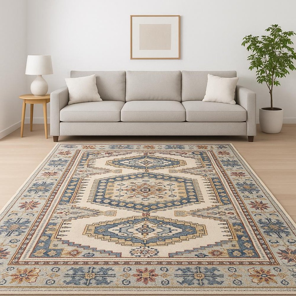 10' X 13' Ivory And Blue Oriental Power Loom Stain Resistant Area Rug