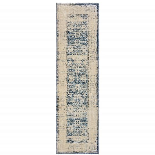 2' X 8' Ivory And Blue Oriental Power Loom Stain Resistant Runner Rug