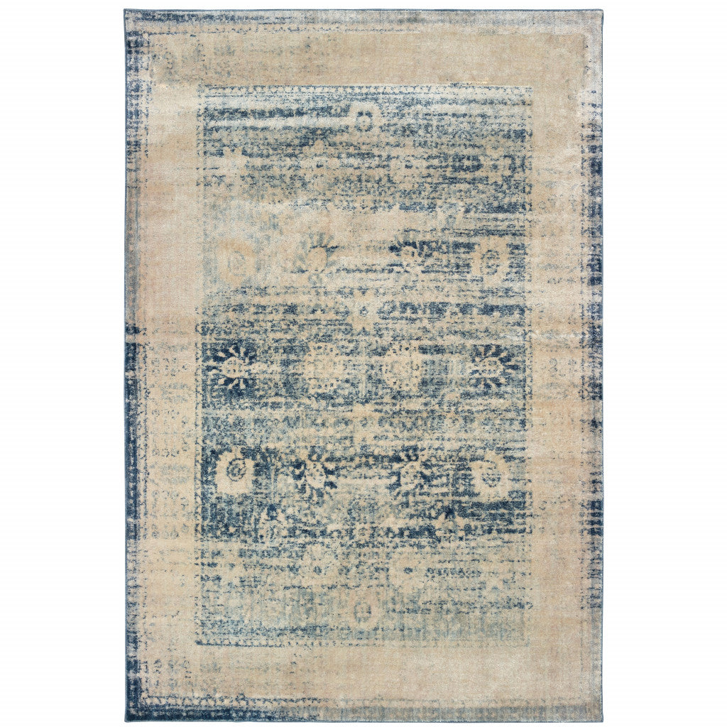 6' X 9' Ivory And Blue Oriental Power Loom Stain Resistant Area Rug