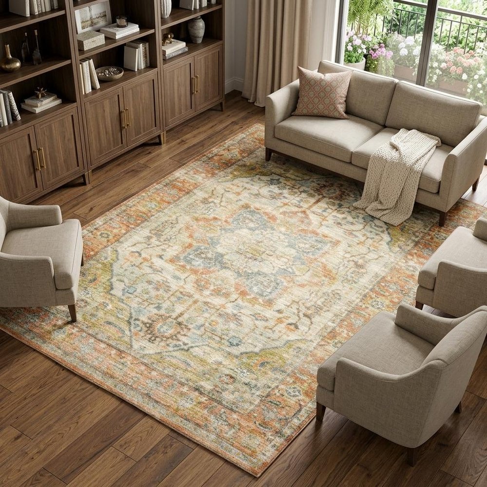 8' X 10' Orange And Blue Abstract Distressed Area Rug