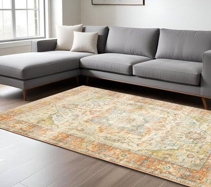 8' X 10' Orange And Blue Abstract Distressed Area Rug