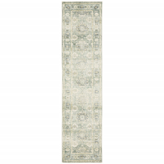 2' X 8' Green And Ivory Oriental Power Loom Stain Resistant Runner Rug