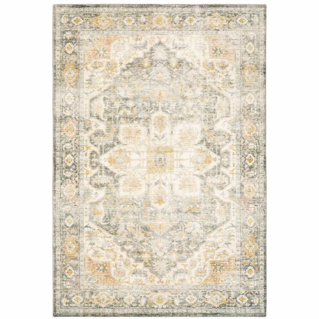 5' X 7' Grey Gold Orange And Ivory Oriental Power Loom Stain Resistant Area Rug