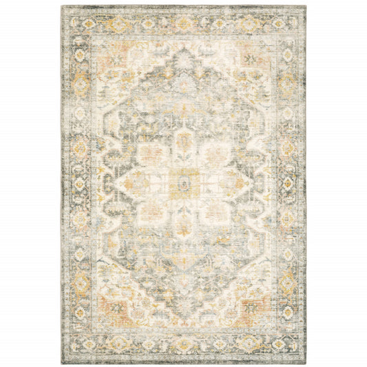 5' X 7' Grey Gold Orange And Ivory Oriental Power Loom Stain Resistant Area Rug