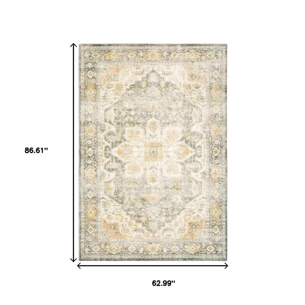 5' X 7' Grey Gold Orange And Ivory Oriental Power Loom Stain Resistant Area Rug