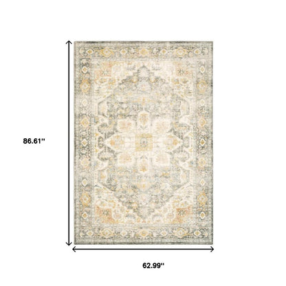 5' X 7' Grey Gold Orange And Ivory Oriental Power Loom Stain Resistant Area Rug
