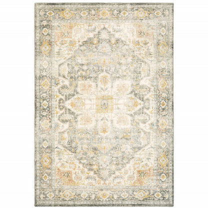 5' X 7' Grey Gold Orange And Ivory Oriental Power Loom Stain Resistant Area Rug