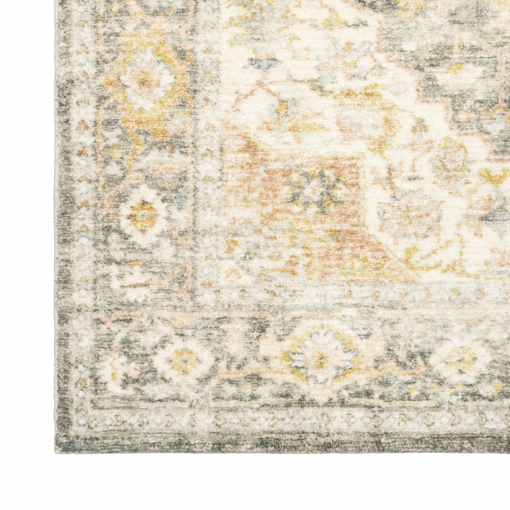 5' X 7' Grey Gold Orange And Ivory Oriental Power Loom Stain Resistant Area Rug