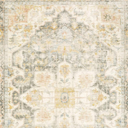 8' X 10' Grey Gold Orange And Ivory Oriental Power Loom Stain Resistant Area Rug