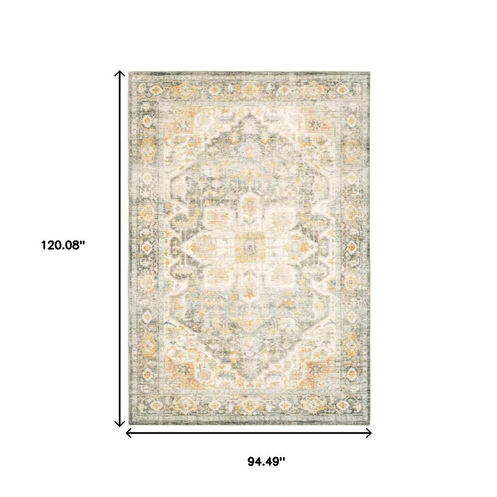 8' X 10' Grey Gold Orange And Ivory Oriental Power Loom Stain Resistant Area Rug