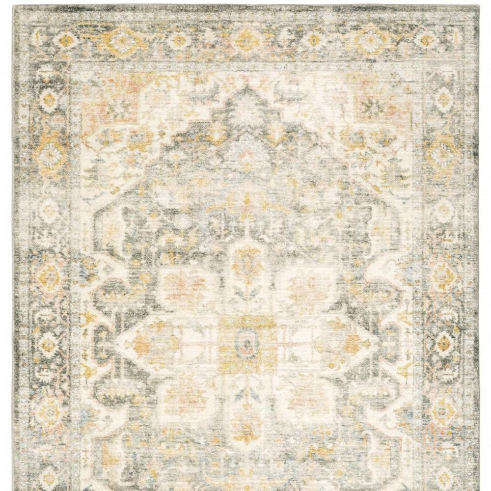 8' X 10' Grey Gold Orange And Ivory Oriental Power Loom Stain Resistant Area Rug