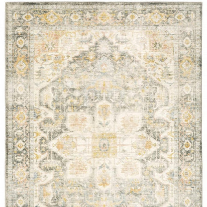 8' X 10' Grey Gold Orange And Ivory Oriental Power Loom Stain Resistant Area Rug