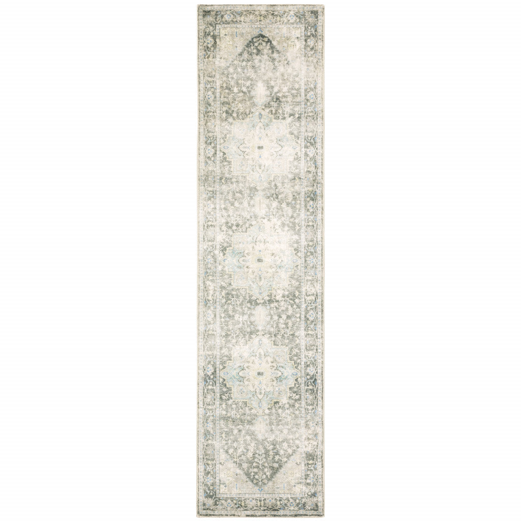 8' Gray and Ivory Oriental Power Loom Runner Rug