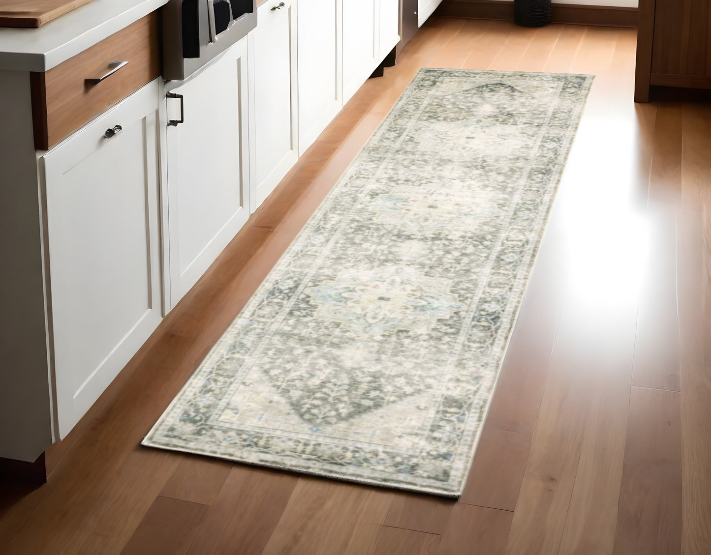 8' Gray and Ivory Oriental Power Loom Runner Rug