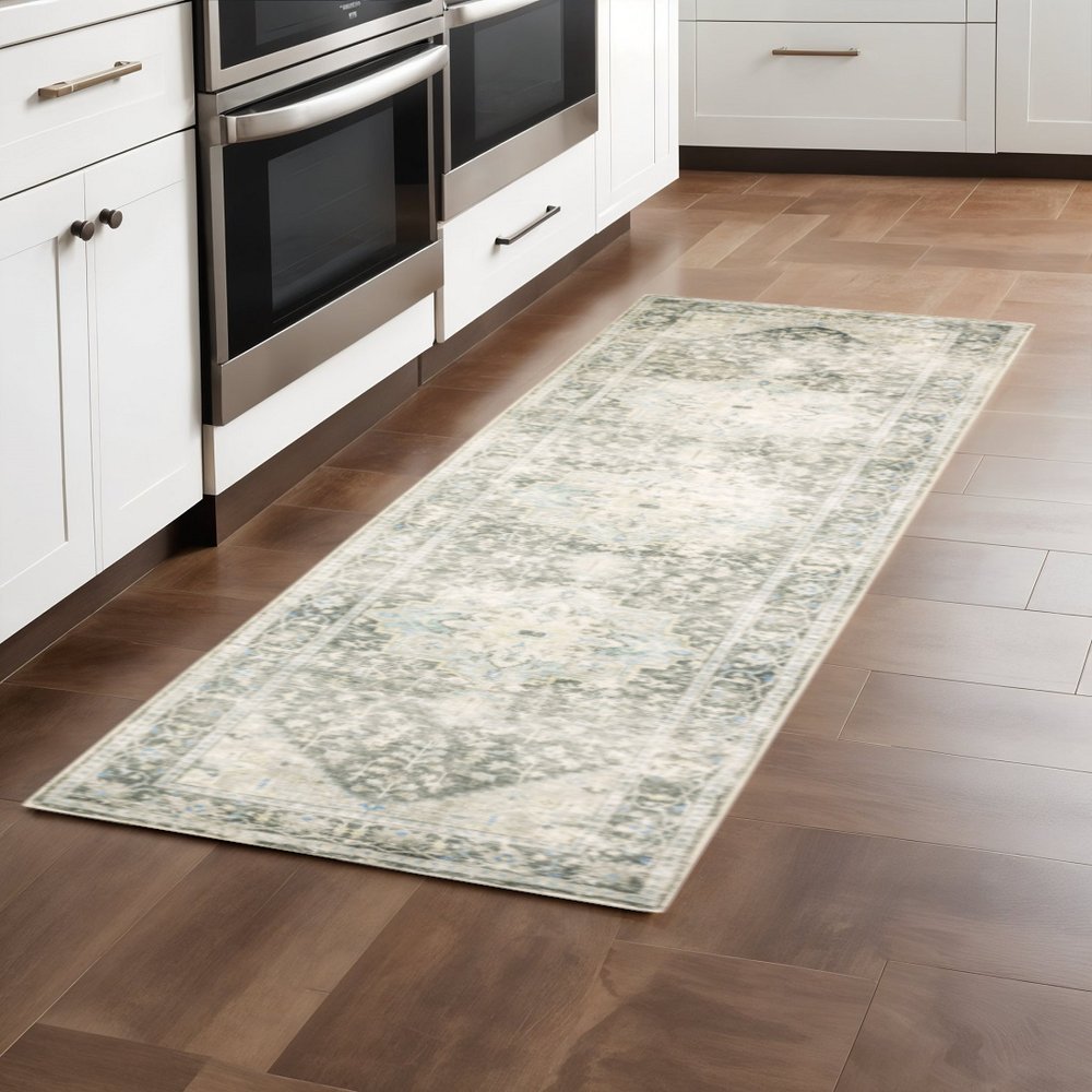 8' Gray and Ivory Oriental Power Loom Runner Rug
