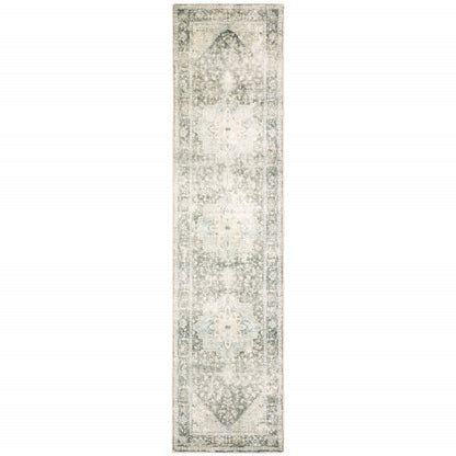 8' Gray and Ivory Oriental Power Loom Runner Rug