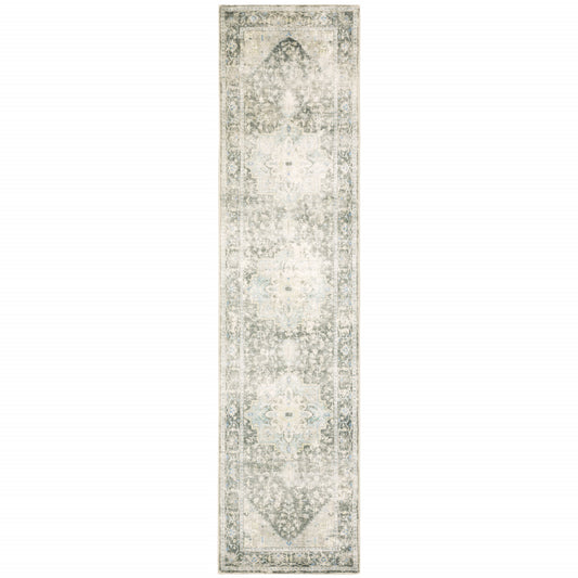 2' X 8' Grey Ivory And Blue Oriental Power Loom Stain Resistant Runner Rug