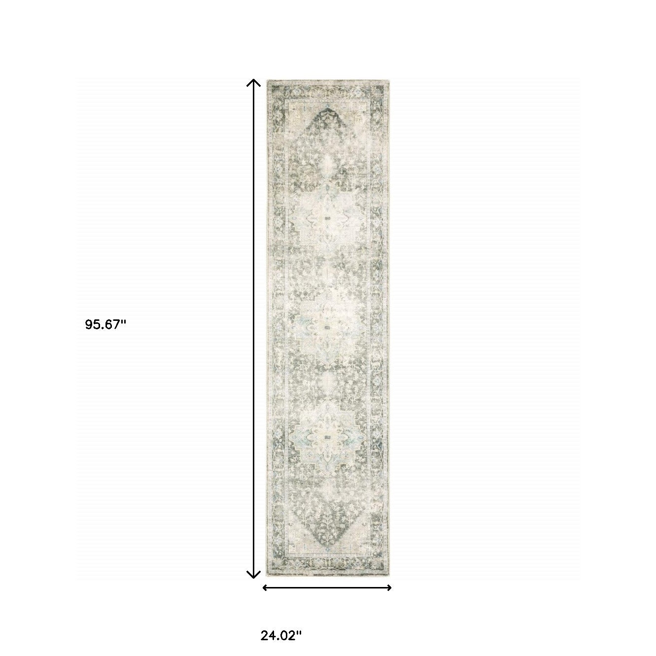 2' X 8' Grey Ivory And Blue Oriental Power Loom Stain Resistant Runner Rug