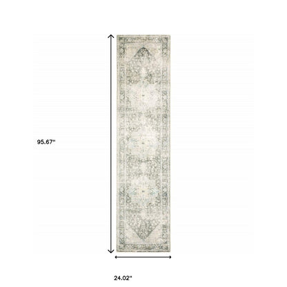 8' Gray and Ivory Oriental Power Loom Runner Rug