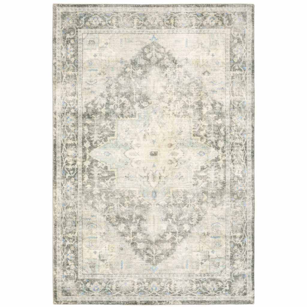 5' X 7' Grey Ivory And Blue Oriental Power Loom Stain Resistant Area Rug