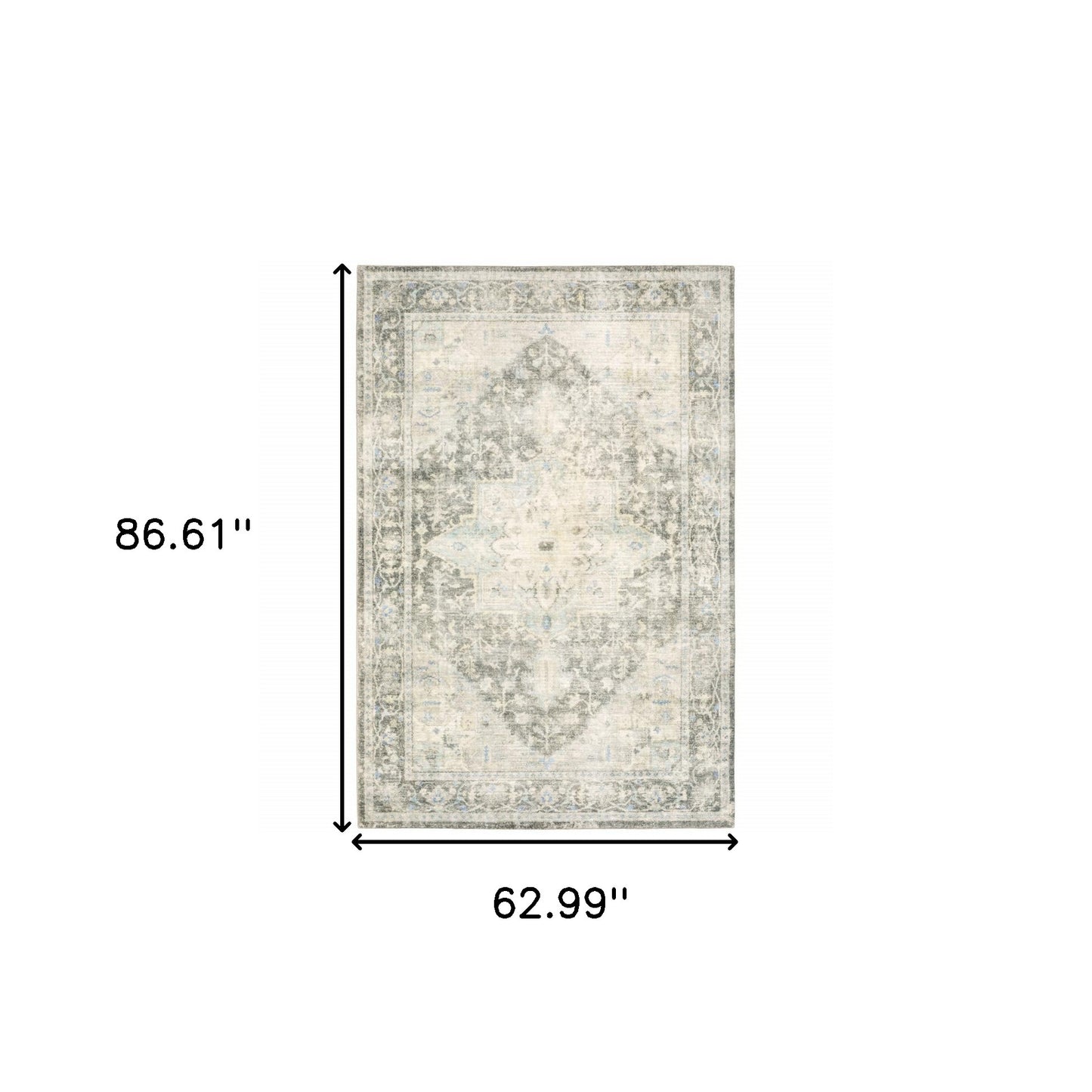 5' X 7' Grey Ivory And Blue Oriental Power Loom Stain Resistant Area Rug