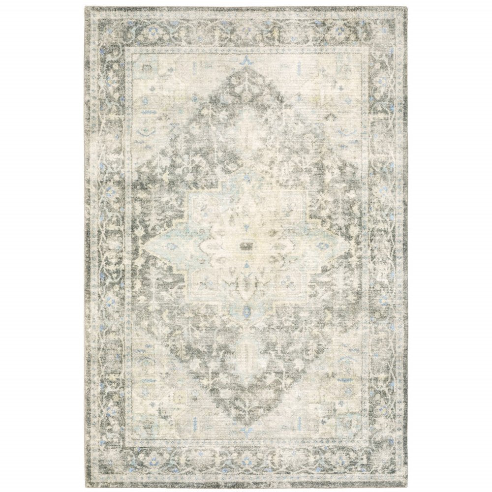 5' X 7' Grey Ivory And Blue Oriental Power Loom Stain Resistant Area Rug