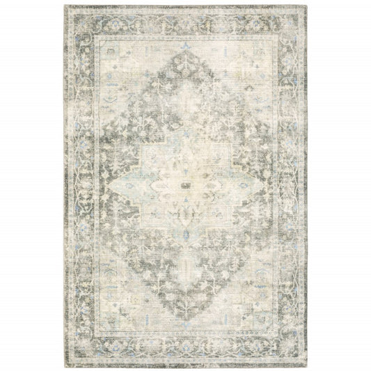 8' X 10' Grey Ivory And Blue Oriental Power Loom Stain Resistant Area Rug