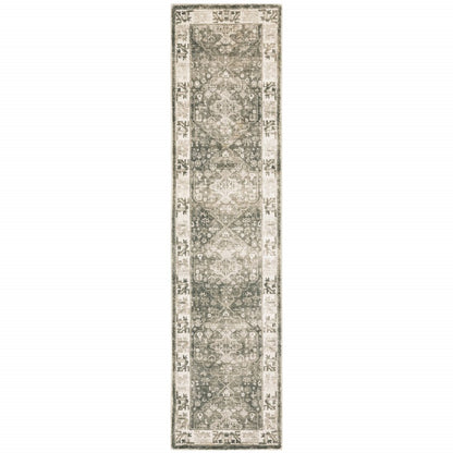8' Gray and Ivory Oriental Power Loom Runner Rug