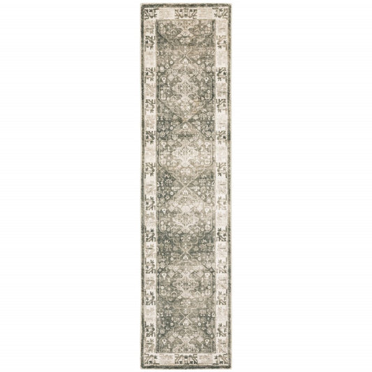 8' Gray and Ivory Oriental Power Loom Runner Rug