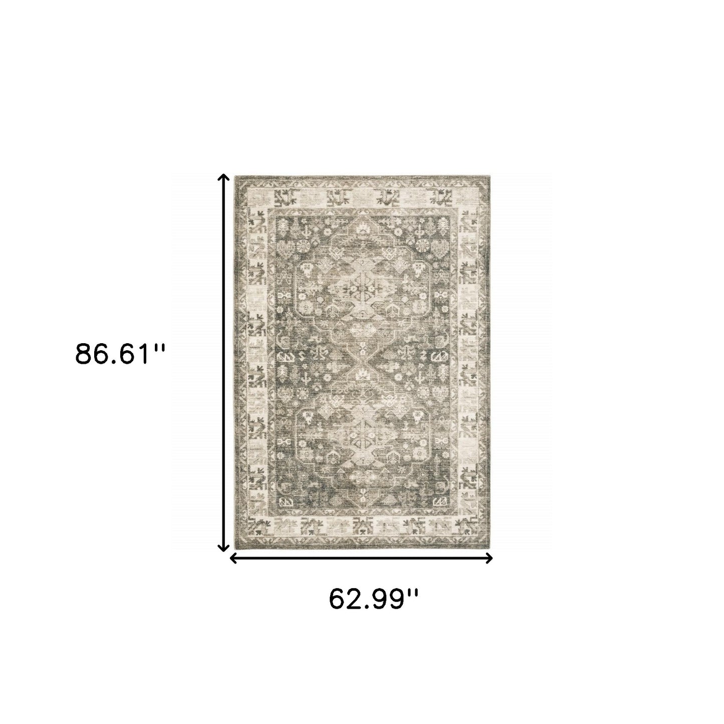 5' X 7' Grey Ivory Tan And Beige Oriental Power Loom Stain Resistant Area Rug